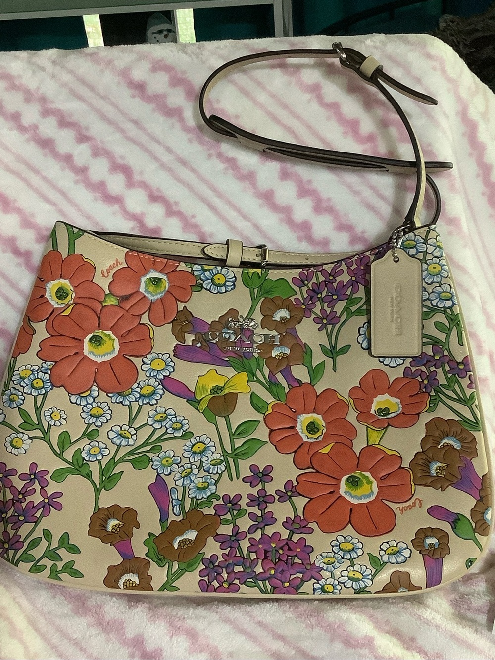 COACH Beige Floral Shoulder Bag with Orange, Purple & Green Accents